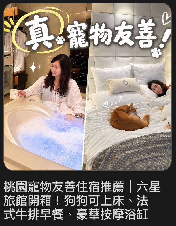 部落客 柴犬皮皮 我不皮開箱六星桃園館文章:桃園寵物友善住宿推薦|六星旅館開箱!狗狗可上床、法式牛排早餐、豪華按摩浴缸